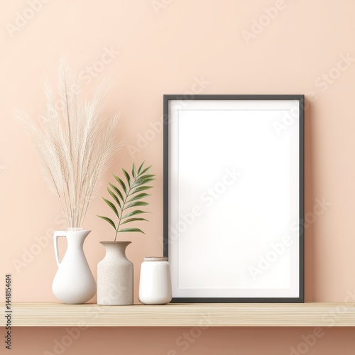 Minimalist shelf decor with vases, green leaf, pampas grass, and a blank picture frame against a peach wall.