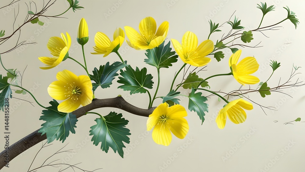Yellow Blossoms on Branch with Green Leaves over Neutral Background Yellow Blossoms on Branch with Green Leaves over Neutral Background
