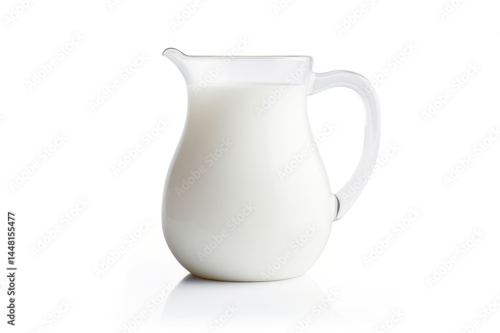 Milk glass jug with a smooth curved handle and a wide pouring spout filled with fresh white milk placed on a clean surface Milk glass jug with a smooth curved handle and a wide pouring spout filled with fresh white milk placed on a clean surface