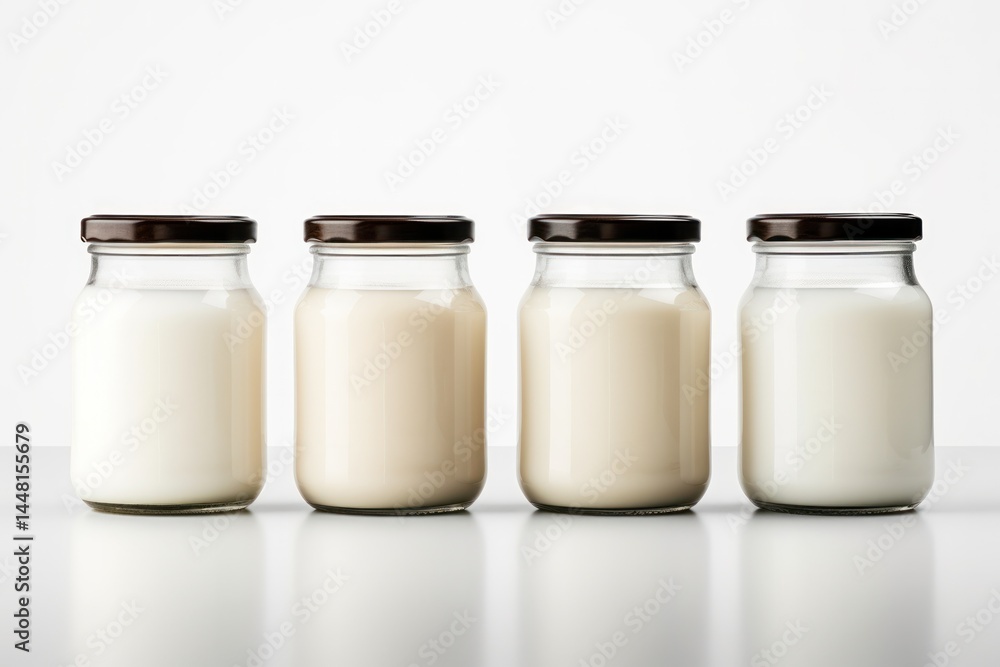 Minimalist glass jar with a simple screw-top lid filled with creamy milk Minimalist glass jar with a simple screw-top lid filled with creamy milk