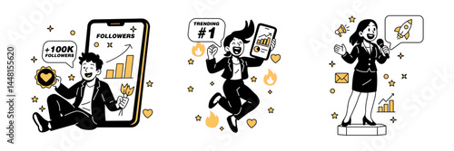 Vector illustrations of marketers celebrating social media growth, viral success, and giving public presentations. Perfect for web, branding, and business marketing visuals