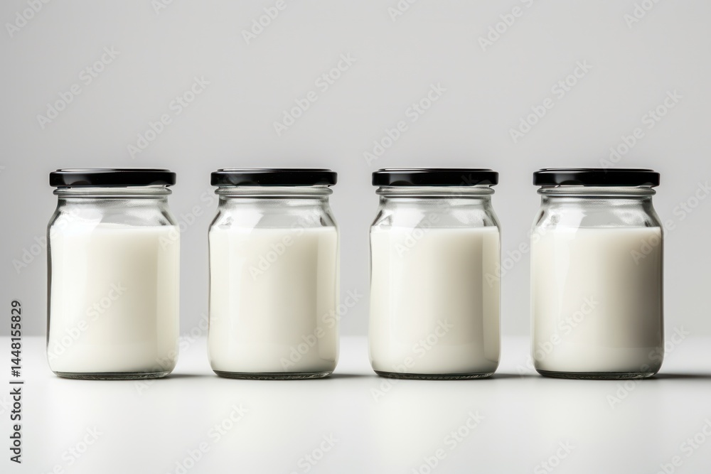 Minimalist glass jar with a simple screw-top lid filled with creamy milk Minimalist glass jar with a simple screw-top lid filled with creamy milk