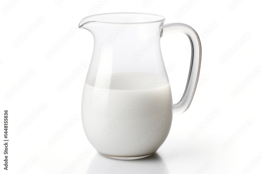 Modern milk glass pitcher with a sleek tapered design and a comfortable grip handle containing fresh milk Modern milk glass pitcher with a sleek tapered design and a comfortable grip handle containing fresh milk