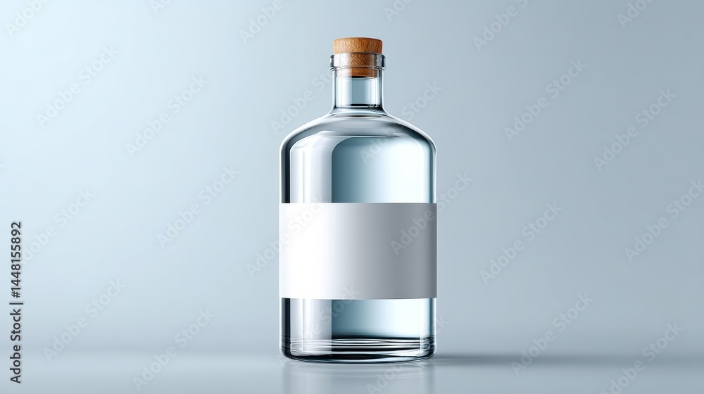 Fototapeta premium A clear glass bottle with a blank white label and cork stopper sits on a smooth, light background.