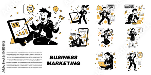 Vector illustration of business marketing concepts with characters, charts, icons, and growth elements. Ideal for landing pages, presentations, and web campaigns.
