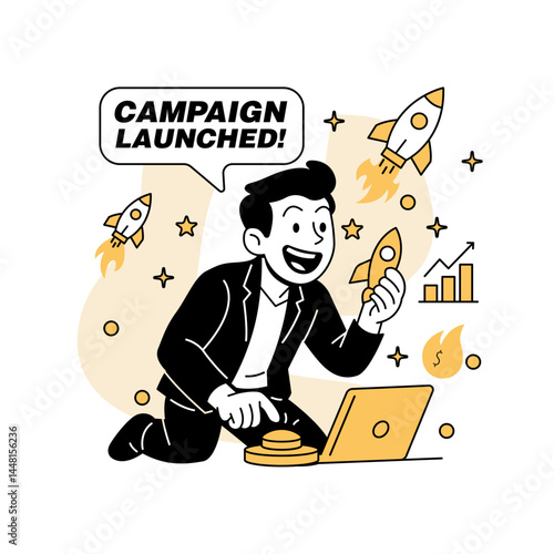 Vector illustration of a businessman launching a rocket-shaped ad campaign with a laptop and button, symbolizing startup marketing, digital growth, and campaign activation
