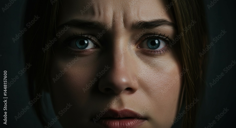 Stressed Female Face – Expression of Anxiety and Overwhelm in Close-Up Portrait Stressed Female Face – Expression of Anxiety and Overwhelm in Close-Up Portrait