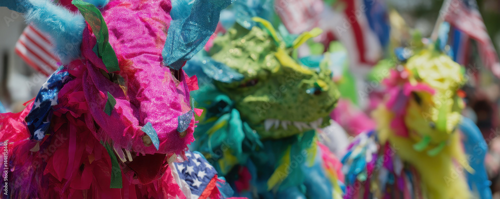 Fototapeta premium Colorful dragon costumes in vibrant parade setting