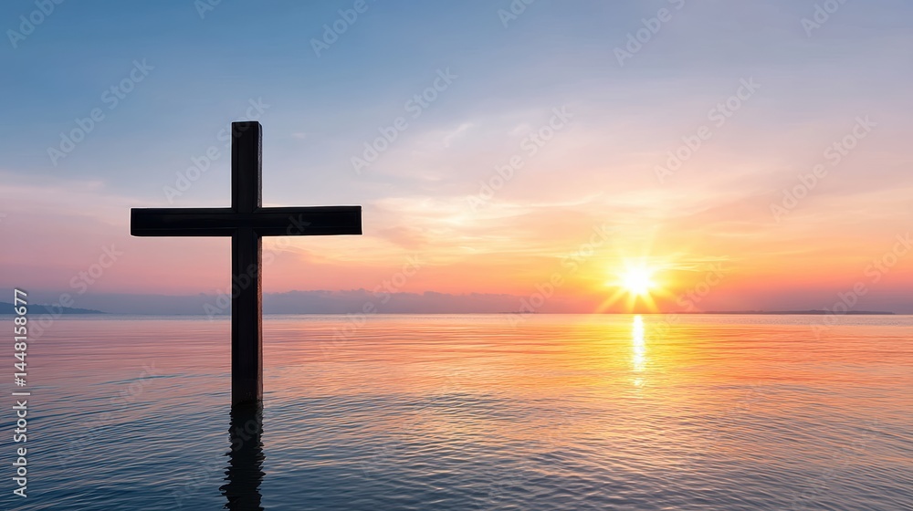 A wooden cross stands in calm water at sunrise, reflecting peace and spirituality over the serene horizon. A wooden cross stands in calm water at sunrise, reflecting peace and spirituality over the serene horizon.