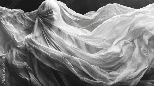 Mysterious figure shrouded in flowing white fabric, monochrome photography.