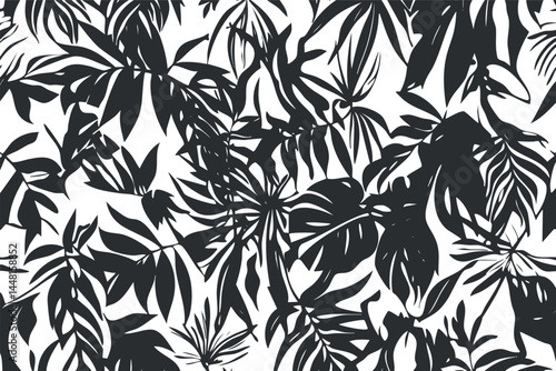 Black and white seamless tropical leaf pattern with dense jungle foliage silhouettes