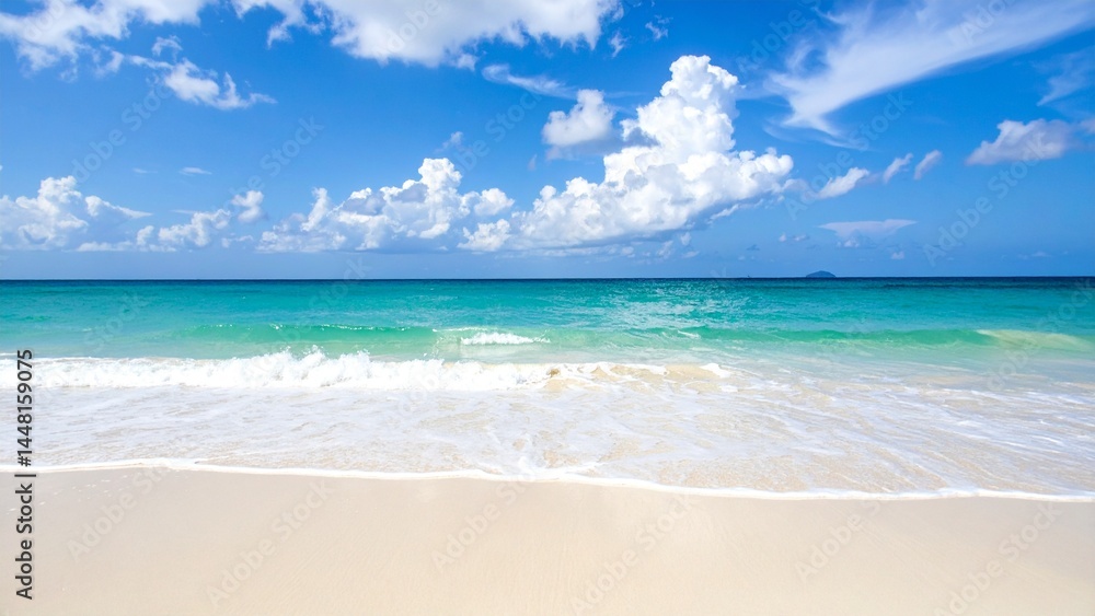 明るくて広々とした真夏の砂浜と海 背景素材 チラシ・バナー・動画素材 AI生成素材 明るくて広々とした真夏の砂浜と海 背景素材 チラシ・バナー・動画素材 AI生成素材