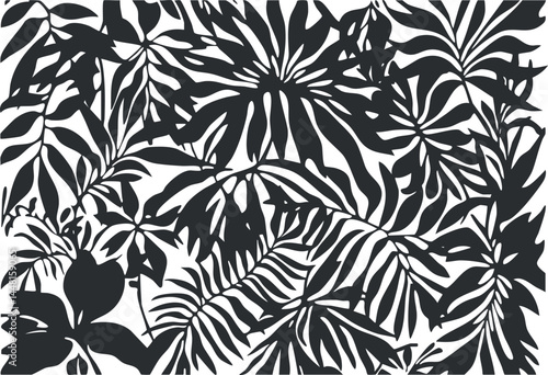 Black and white tropical leaf silhouette pattern with various jungle foliage shapes and botanical design