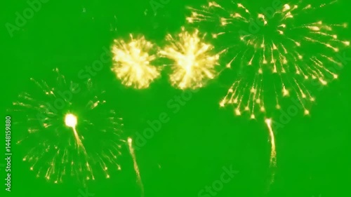 Animated golden fireworks display against a bright green screen background, suitable for overlay, visual effect, transition element.