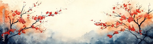 Gentle, watercolor blossoms against a soft, misty landscape.