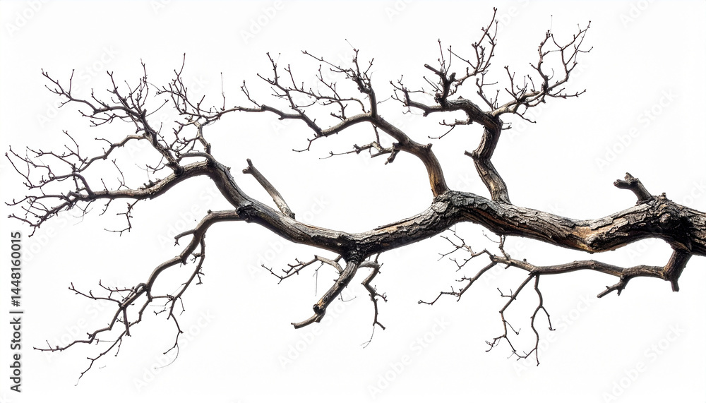 Obraz premium Gnarled and crooked branch from a dead tree on white background. Lifeless natural element. Close-up.