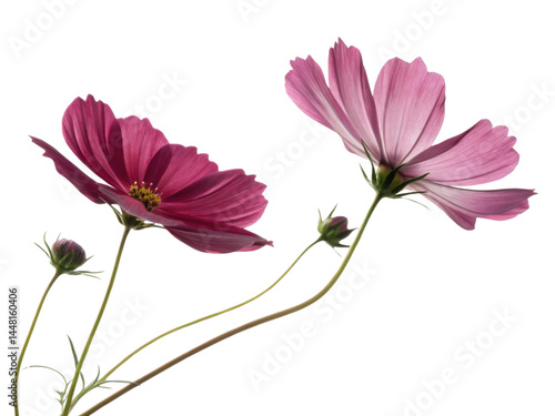 Two cosmos flowers in pink and magenta bloom gracefully with buds on slender stems creating delicate and natural floral beauty