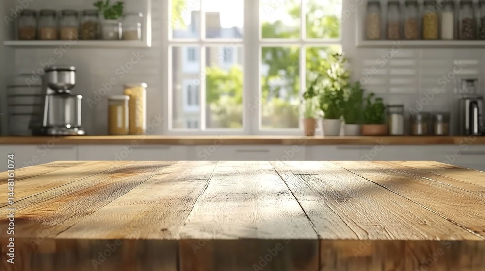 Rustic wooden table in cozy kitchen with white cabinets and plants Rustic wooden table in cozy kitchen with white cabinets and plants