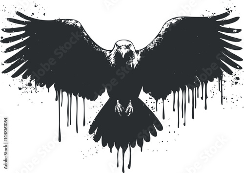 Black grunge silhouette of an eagle with wings spread and dripping paint effect