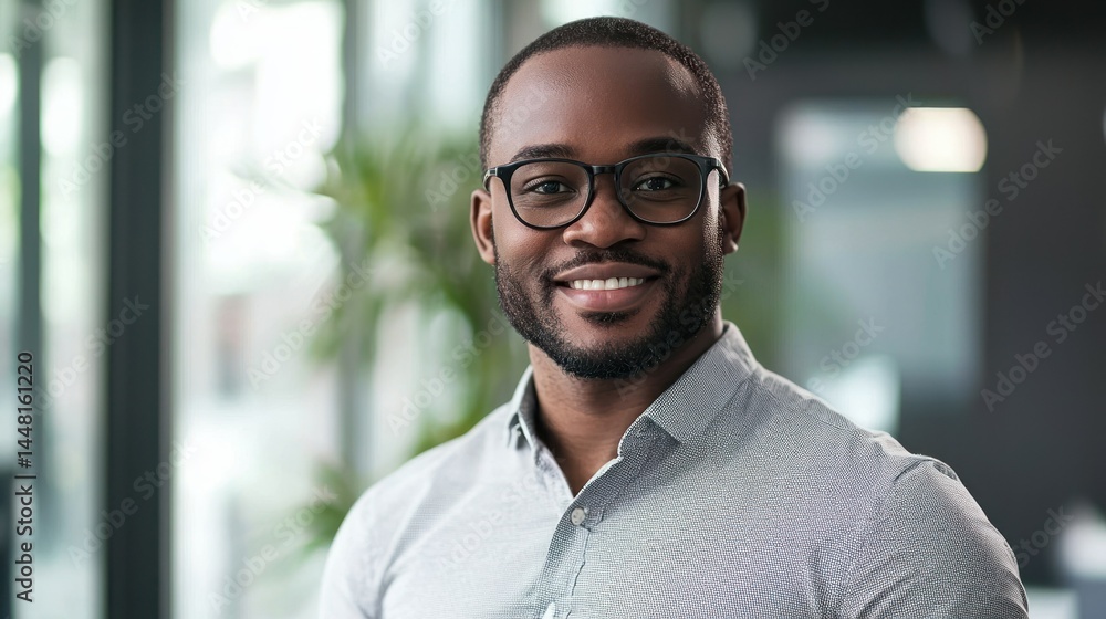 Fototapeta premium A smiling man in a gray shirt, standing in an office with a green plant in the background.