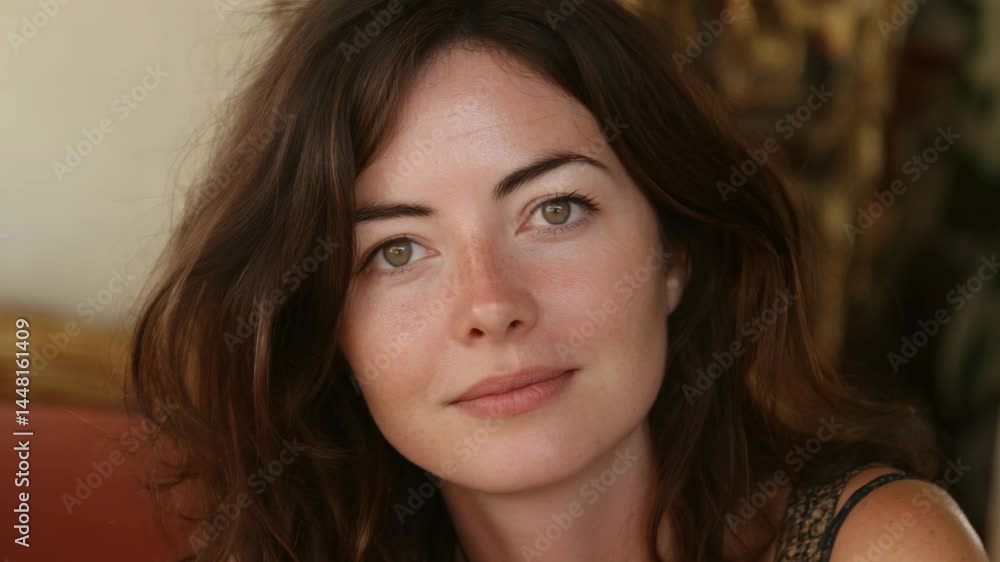 Close-up portrait of a naturally beautiful young woman with brown hair and green eyes looking gently at the viewer in a relaxed pose Close-up portrait of a naturally beautiful young woman with brown hair and green eyes looking gently at the viewer in a relaxed pose