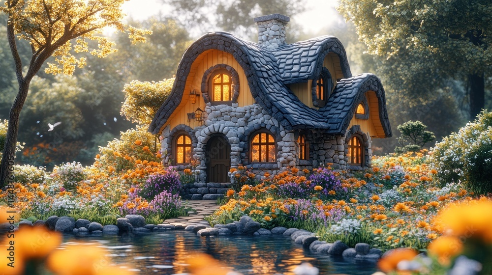 Fototapeta premium Enchanting stone cottage nestled in a vibrant floral garden by a tranquil pond at sunset.