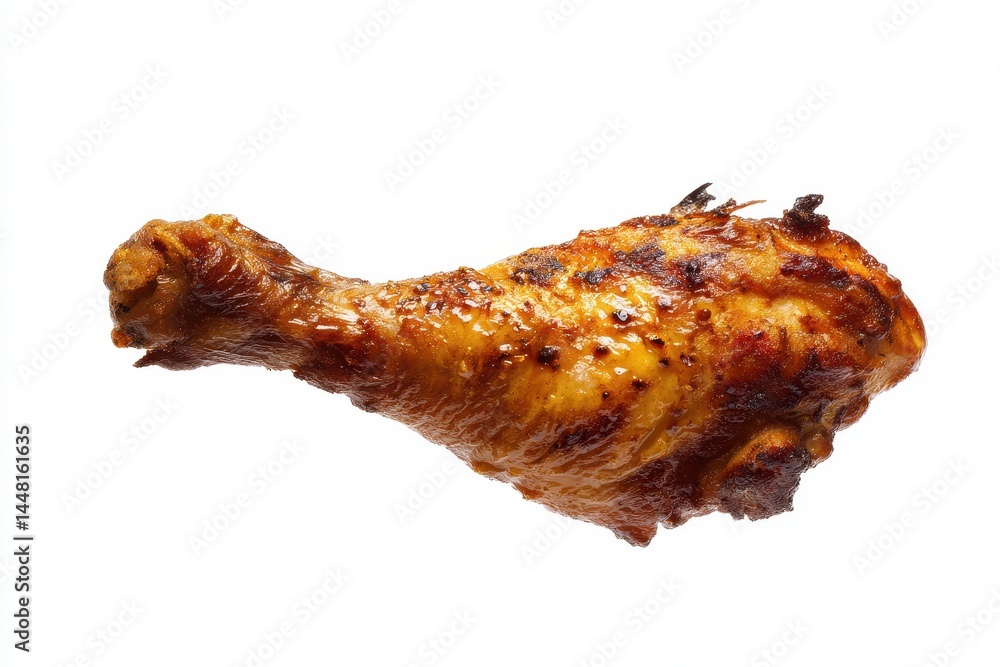 Roasted chicken leg soaring on a white backdrop Roasted chicken leg soaring on a white backdrop