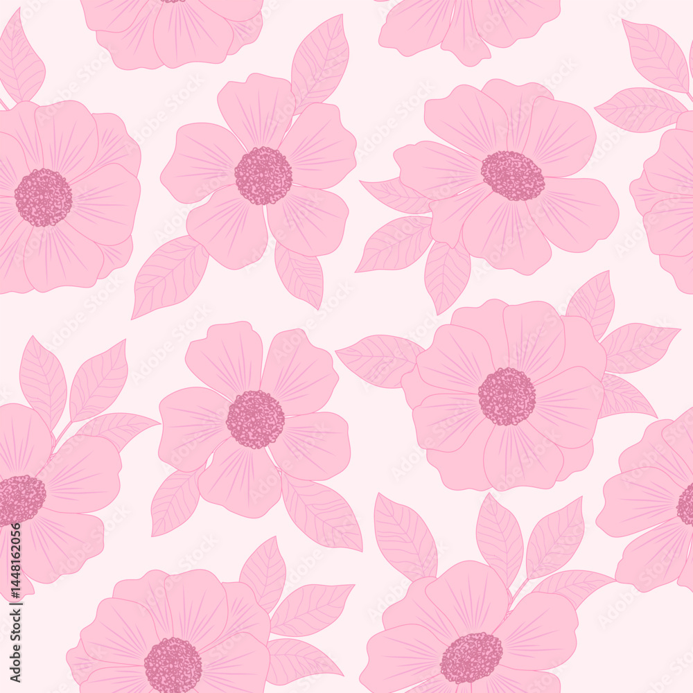 Vector seamless pattern with pink flowers, light background. Vector seamless pattern with pink flowers, light background.