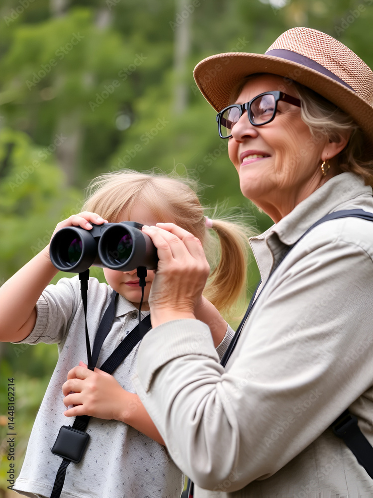 Obraz premium Crandchild with her grandmother looking through binoculars outdoor. Travel, hiking, bird watching, vacations. Happy summer time with grandparent, talking, learning. Camping