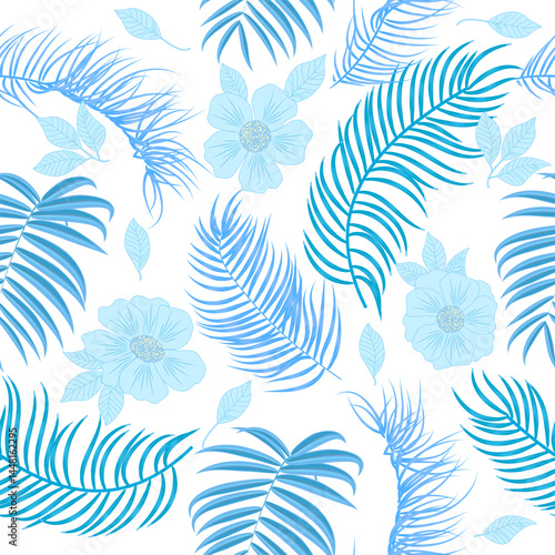 Seamless vector pattern of blue tropical  leaves of palm tree and flowers.