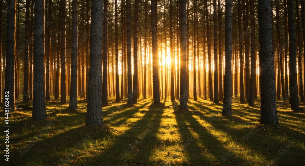 Fototapeta premium The sun filters through a forest of trees, creating a beautiful and tranquil scene with long shadows.