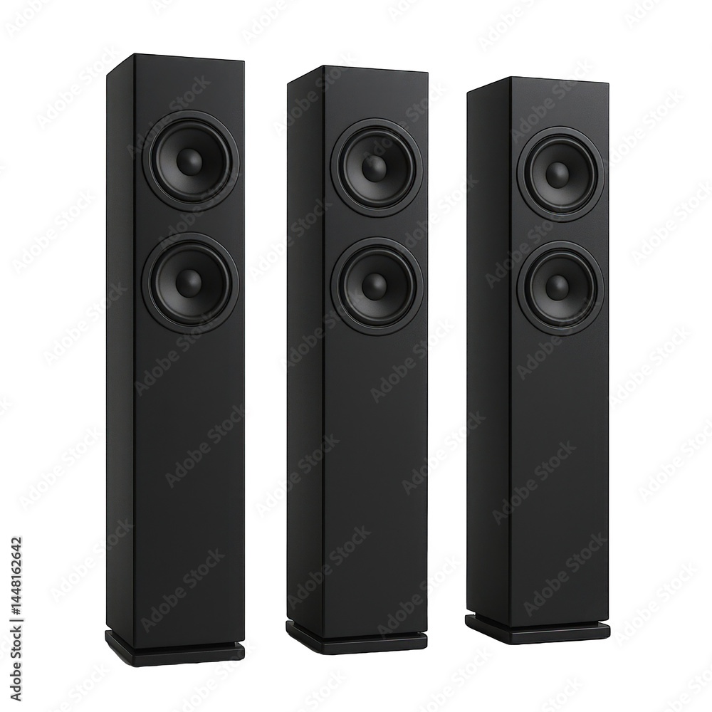 Obraz premium A trio of sleek modern black floor standing speakers providing crisp and powerful audio reproduction for home sound systems.