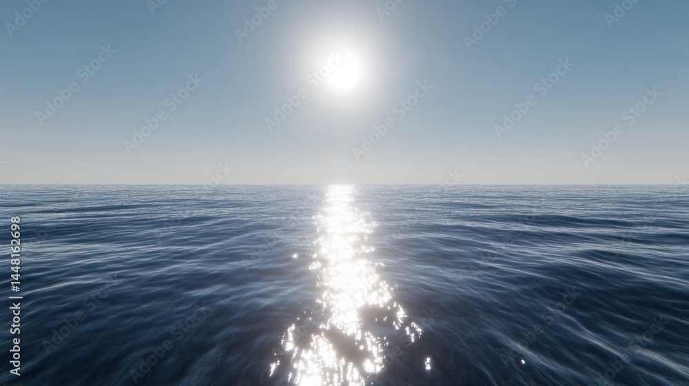 Obraz premium Bright sun reflecting on a vast, calm ocean surface.