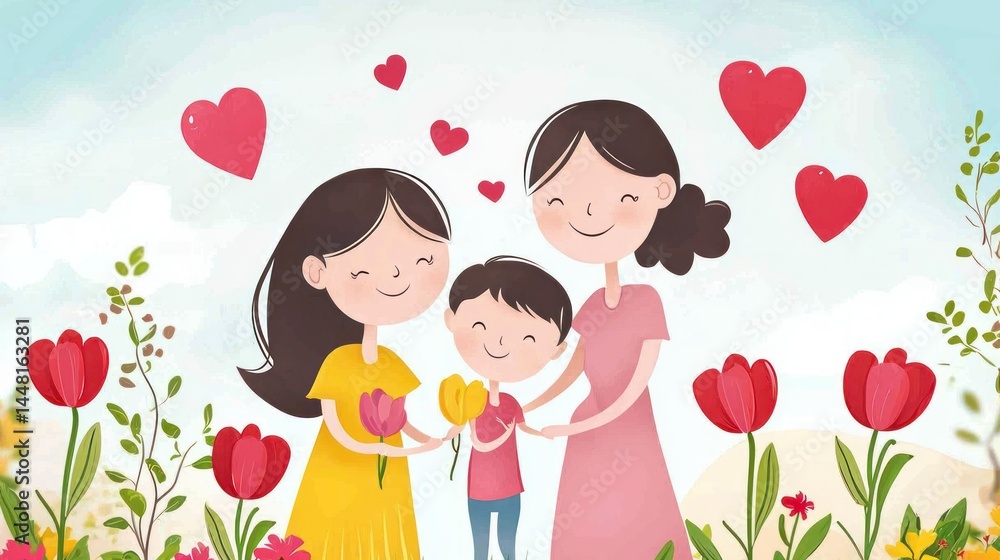 A family of three, a mother, a daughter, and a son, standing together in a garden with flowers and hearts in the background. A family of three, a mother, a daughter, and a son, standing together in a garden with flowers and hearts in the background.