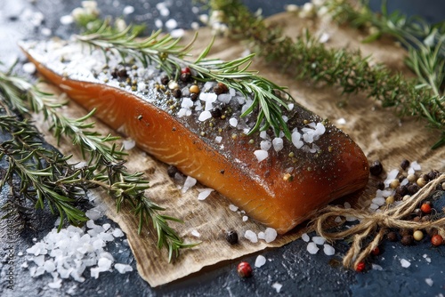 Rosemary peppercorn and coarse salt seasoned smoked coley on metal