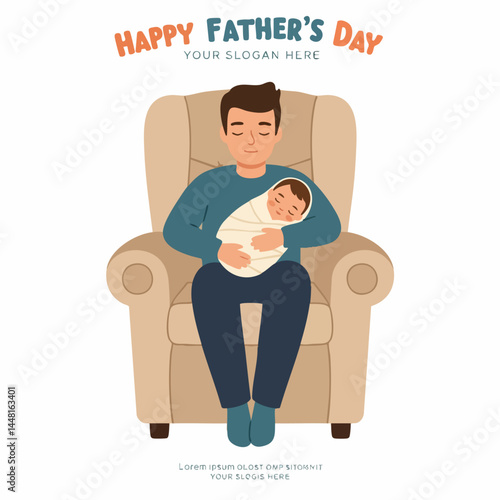 Happy Father's Day illustration: Loving dad sitting in armchair holding his newborn baby.

