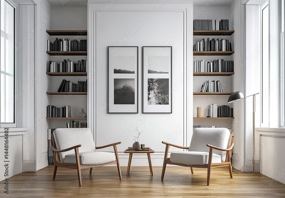 Modern living room with built-in bookshelves, armchairs, artworks and large window. Modern living room with built-in bookshelves, armchairs, artworks and large window.