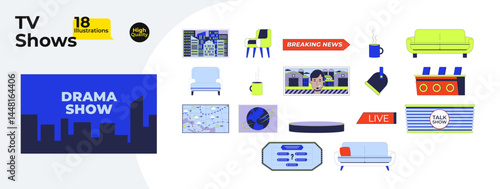 TV shows and broadcast elements cartoon flat illustrations mega bundle. Studio props furniture, breaking news, weather map, talk show 2D images isolated on white. Collection vector drawings colorful