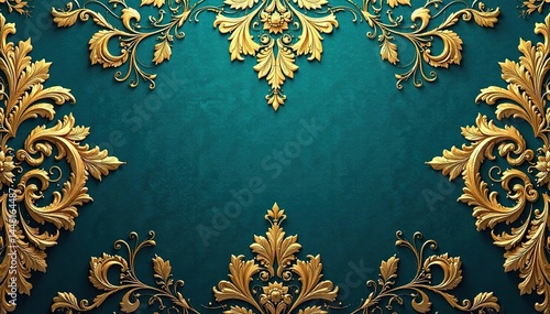 Intricate floral damask pattern in deep teal and gold , print, art, ornate