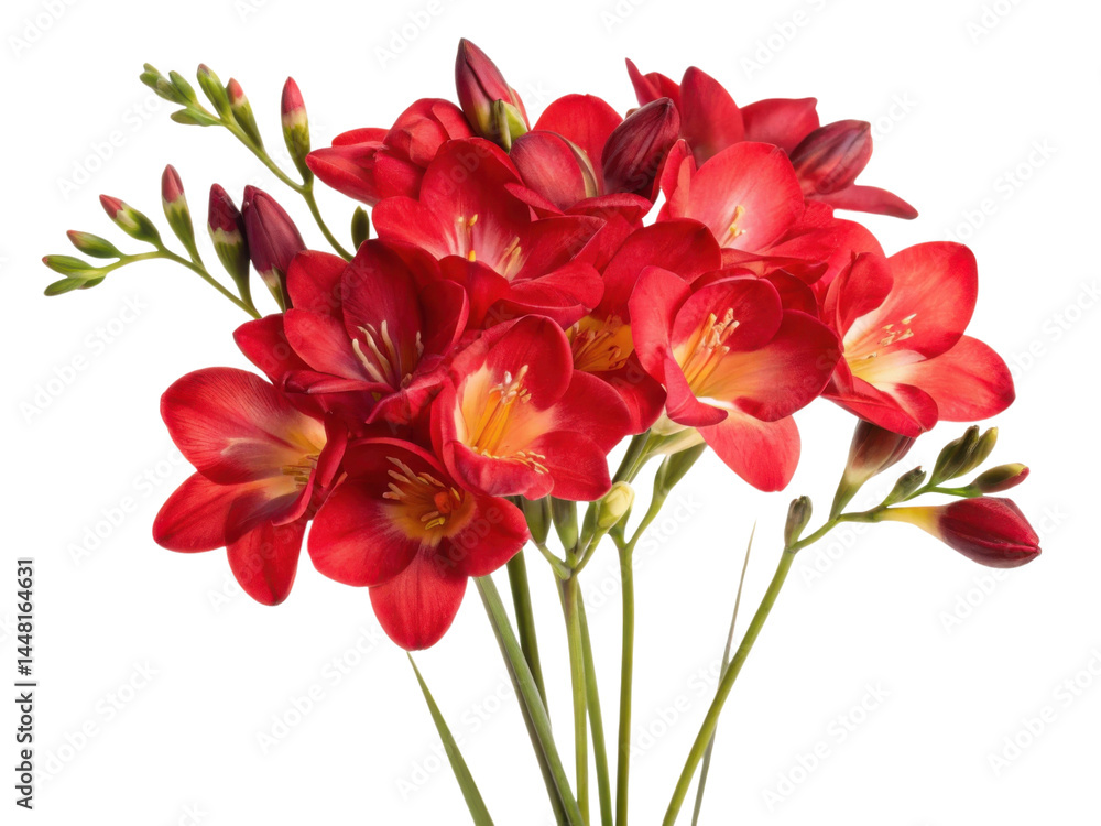 Beautiful red freesia flowers bloom vibrantly, showcasing their delicate petals and lush green stems, creating stunning floral arrangement Beautiful red freesia flowers bloom vibrantly, showcasing their delicate petals and lush green stems, creating stunning floral arrangement
