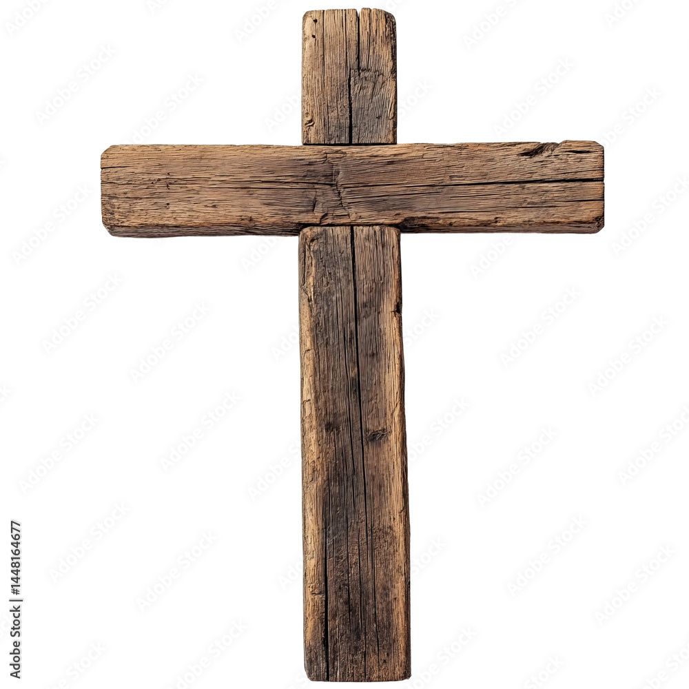 A rustic wooden cross with rough, weathered woodgrain. The cross is isolated against a simple background, giving it a powerful and spiritual presence. A rustic wooden cross with rough, weathered woodgrain. The cross is isolated against a simple background, giving it a powerful and spiritual presence.