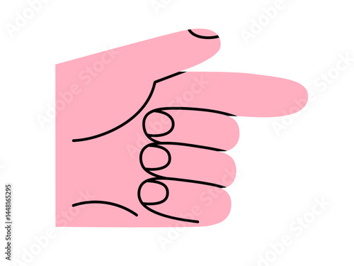 Hand drawn cute cartoon illustration of finger point hand gesture. Flat vector showing arm sign doodle. Direction sticker. Choice focus symbol. Indicate to target icon. Isolated.