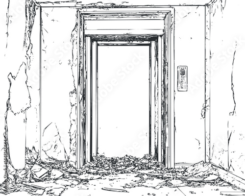 Black and white sketch of an abandoned and dilapidated doorway with cracked walls and debris on the floor in ruins