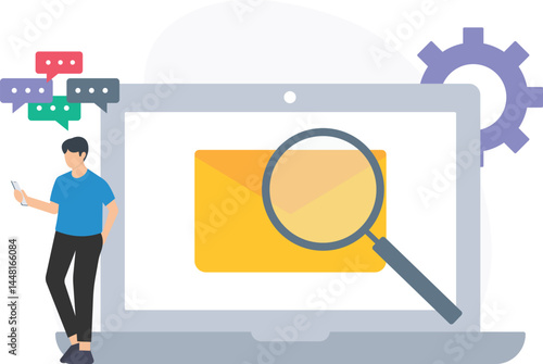 Man analyzing email on laptop with magnifying glass, closely inspecting messages or details in email content, reviewing important information or documents, enhancing attention to detail or precision, 