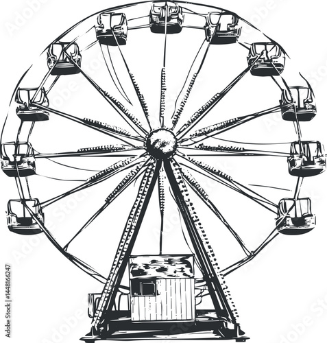 Black and white sketch of a ferris wheel amusement ride with cabins and metal structure