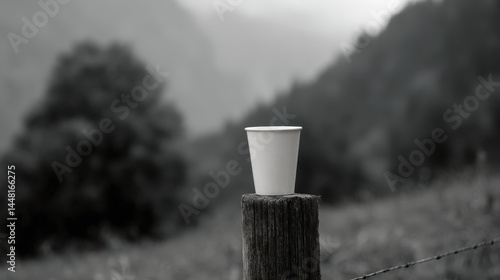 Lone coffee cup sits on wooden fence post in misty mountain landscape