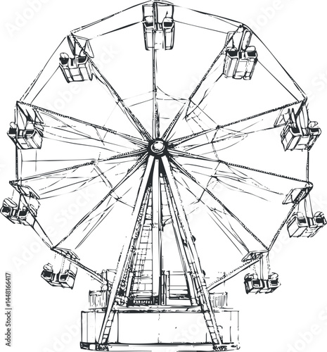 Black and white sketch of a ferris wheel amusement ride showing seats and structural details