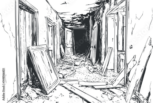 Black and white sketch of an abandoned ruined hallway with broken doors and debris scattered on the floor