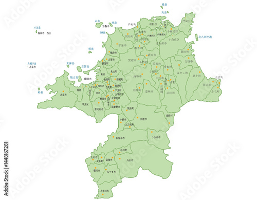 福岡県　地図　黄緑　斑点　イラスト