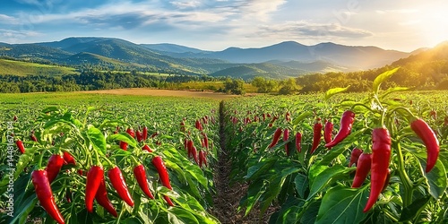 Close-up of chili plant with red peppers in field under cloudy sky.